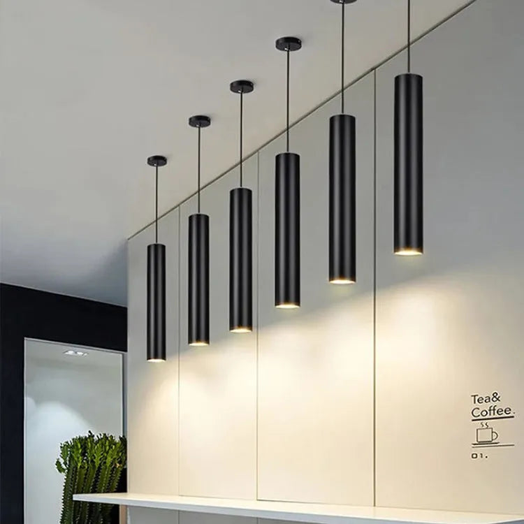 Aluminium alloy long-tube suspended ceiling lamp with black finish, single-head design, adjustable height