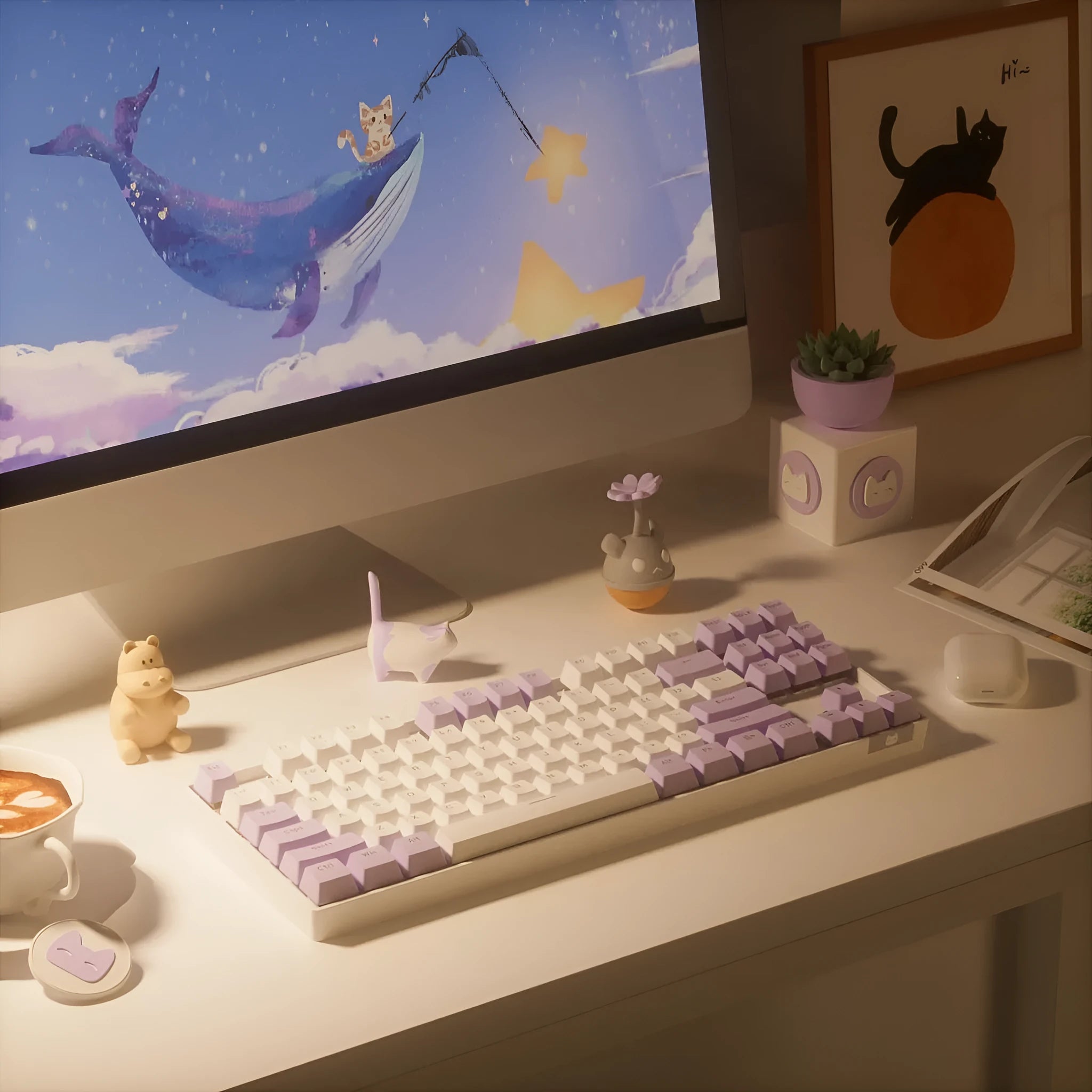 Wireless Bluetooth mechanical keyboard with metal board in purple-white or blue-white colour options
