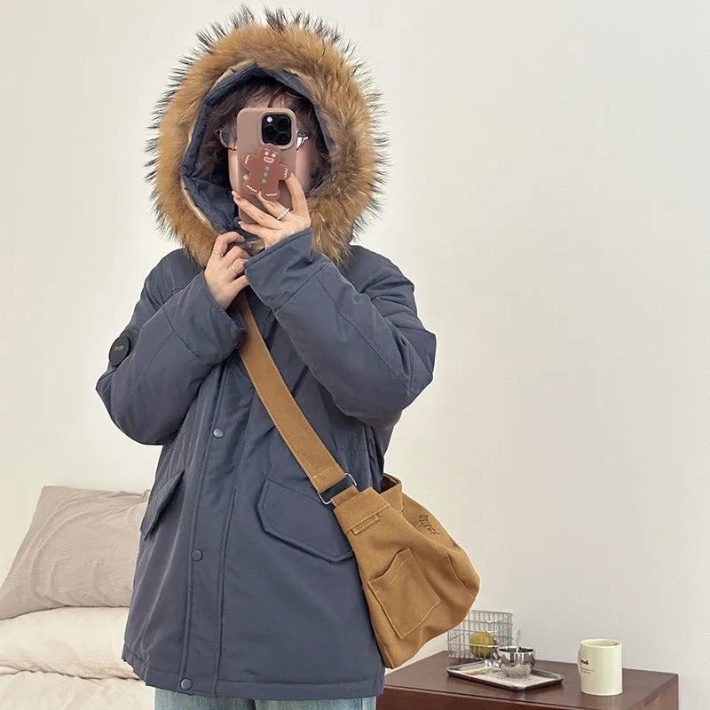 Women's mid-length hooded loose cotton-padded coat with fur collar in black