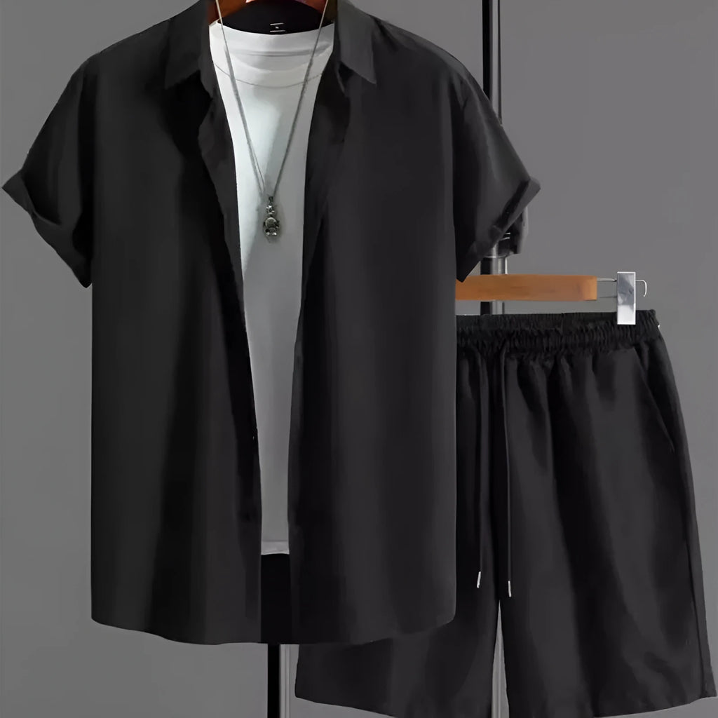 Jacquard short sleeve suit set in chemical fibre blend fabric showing top and matching trousers