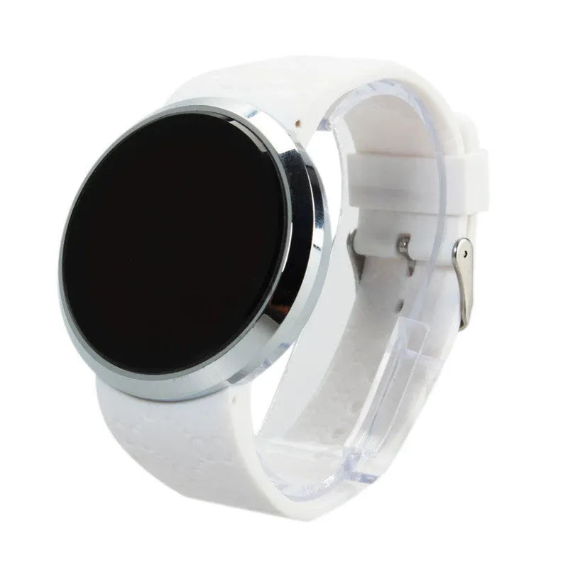 Men and women couple sports LED electronic touch watch with round glass dial and black PU strap