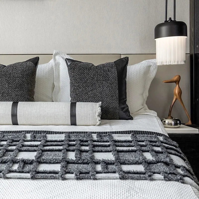 Modern grey and white plaid bed runner blanket set with round pillow on a 1.8m bed
