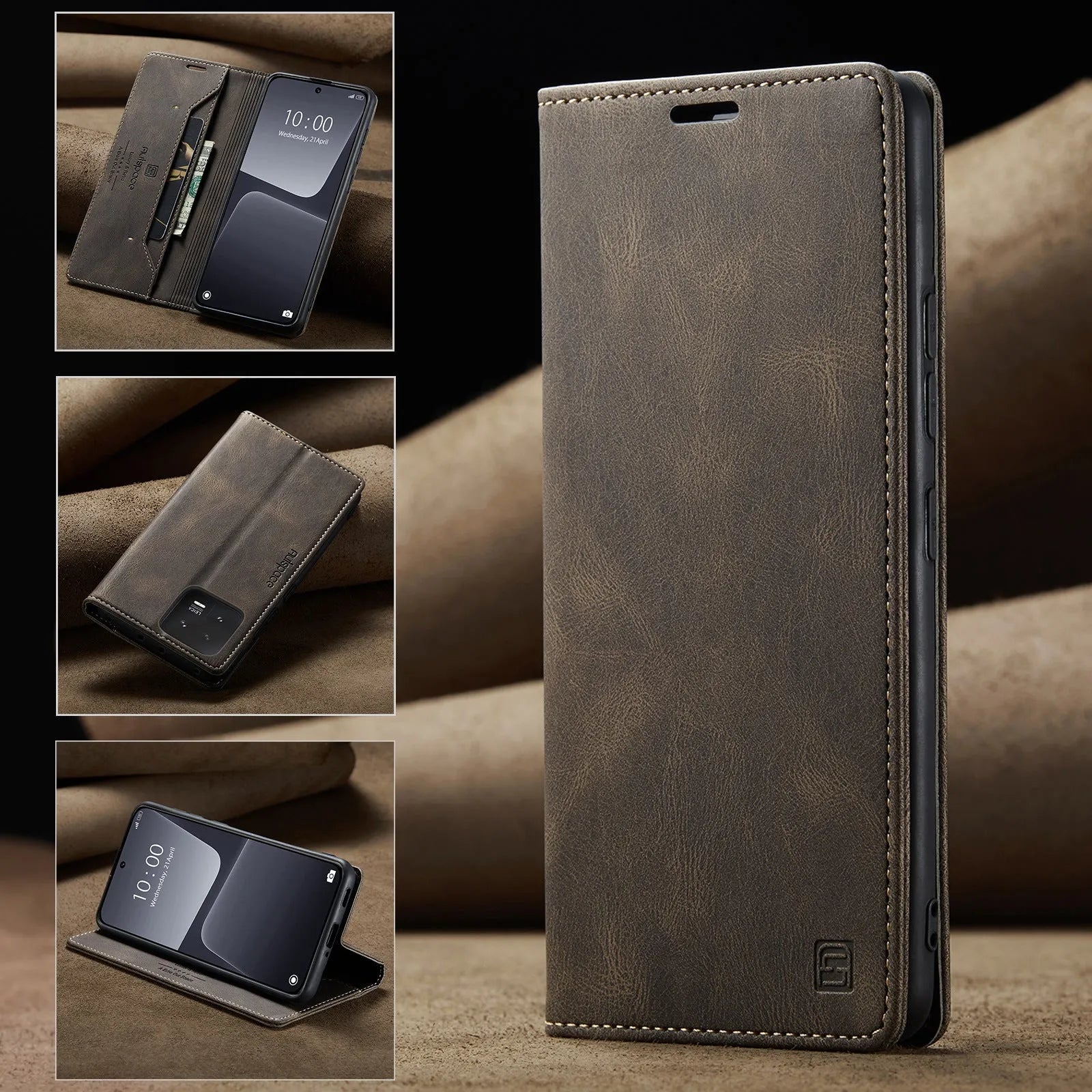 Frosted vintage flip leather phone case for Xiaomi 14 in black with front cover open