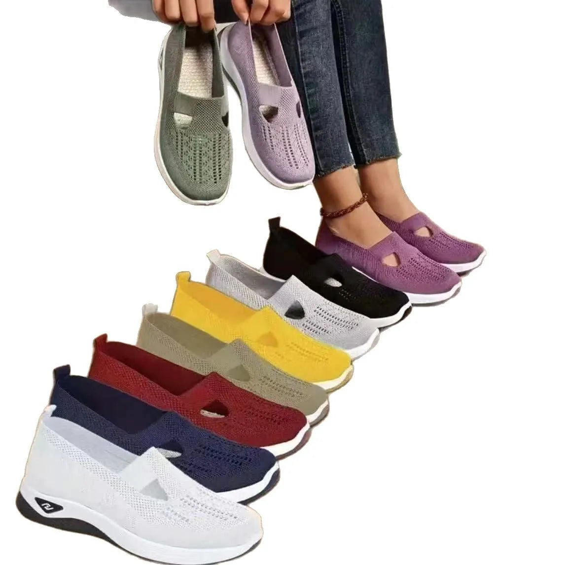 Women's casual mesh shoes with a T-strap and soft PVC sole in multiple colours.