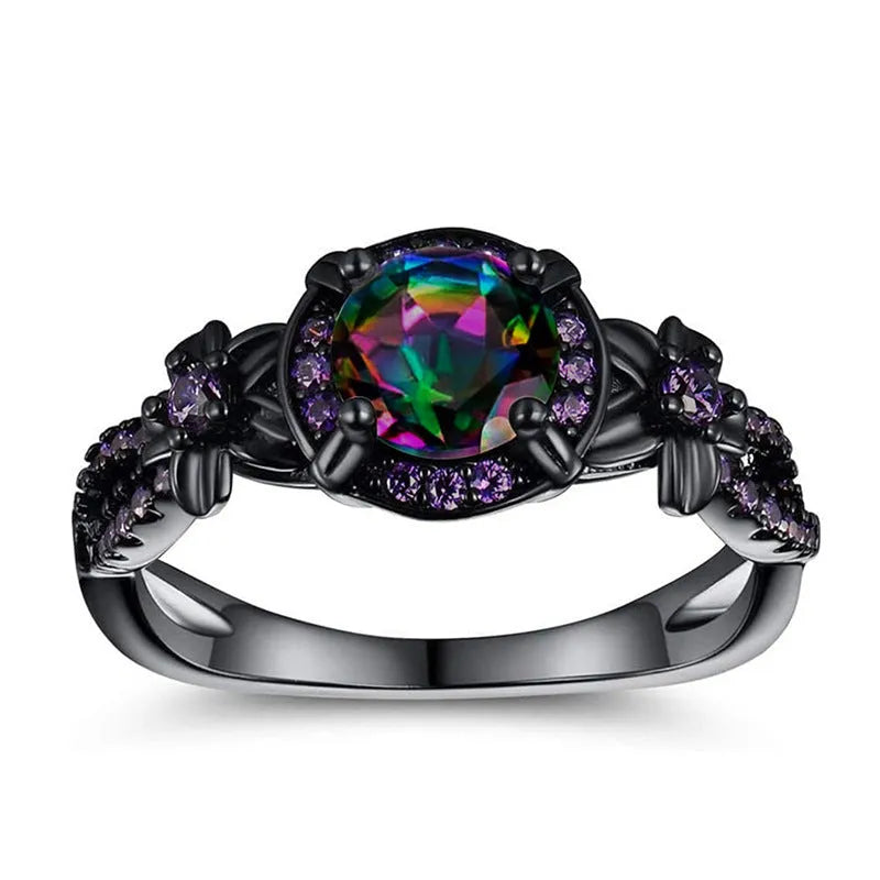 Sweet cool color ring for women bow geometric copper ring inlaid zircon black gold finish size No 8