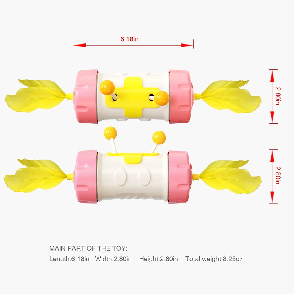 Adjustable cat fishing pole toy with colourful feathers and rolling tumble ball for interactive play