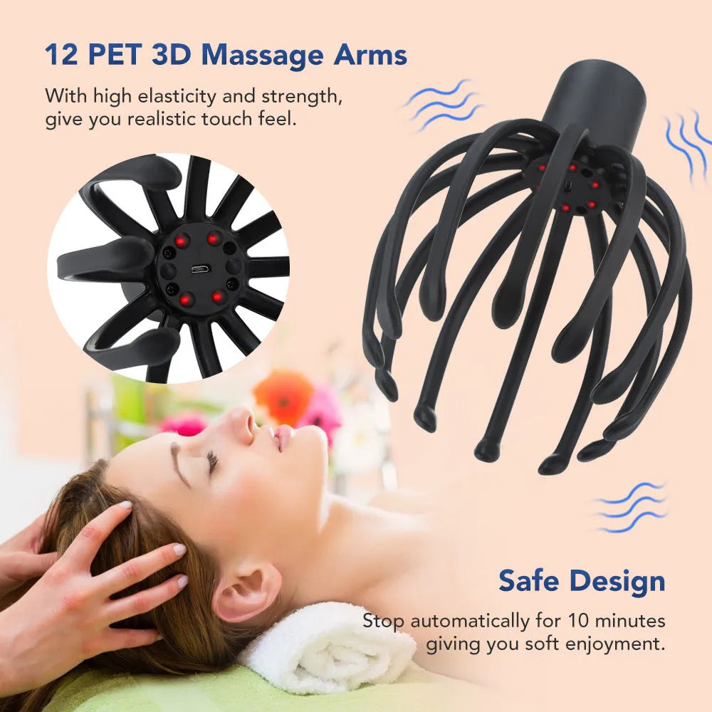 Multi-claw electric head massage tingler with TPE material in black rechargeable option showing compact design