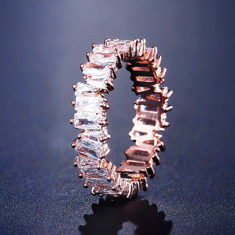 Women's geometric copper ring with micro inlaid AAA zircon in white gold plating, side view