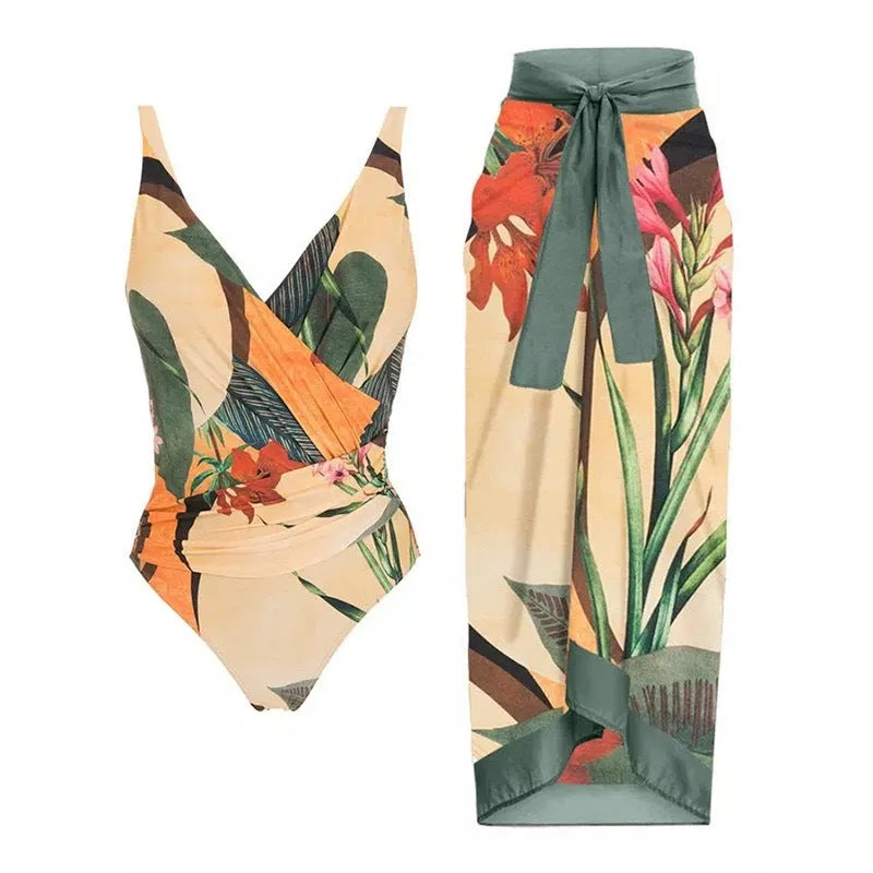 Women's solid colour one-piece swimsuit with spaghetti straps and a separate skirt.