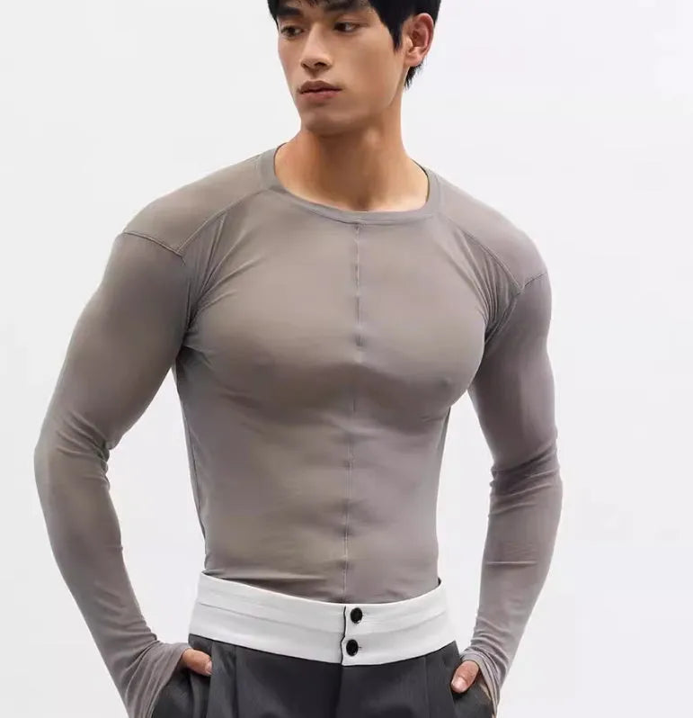 Black mesh see-through texture slim-fit long sleeve PU pullover top with round collar.
