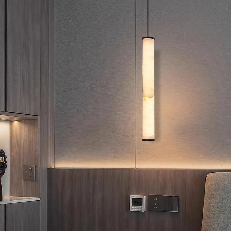 Nordic marble small droplight pendant with warm light, 40cm drop, over a dining table