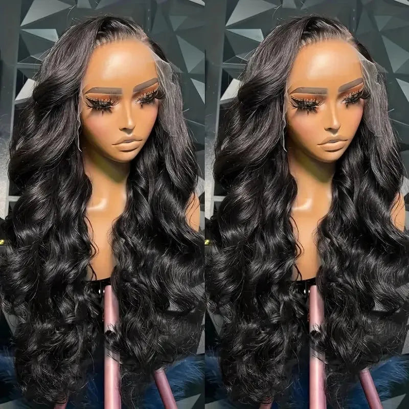 Black M1613 synthetic curly wig showing 22-inch length and natural wave pattern on a mannequin head