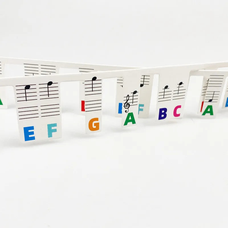 Piano keyboard note stickers set showing colour-coded bars and black note markers for 88-key learning
