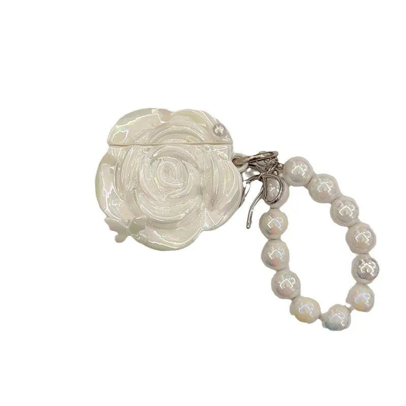 Pearl white camellia silicone AirPods case with lanyard, laser pearlescent finish