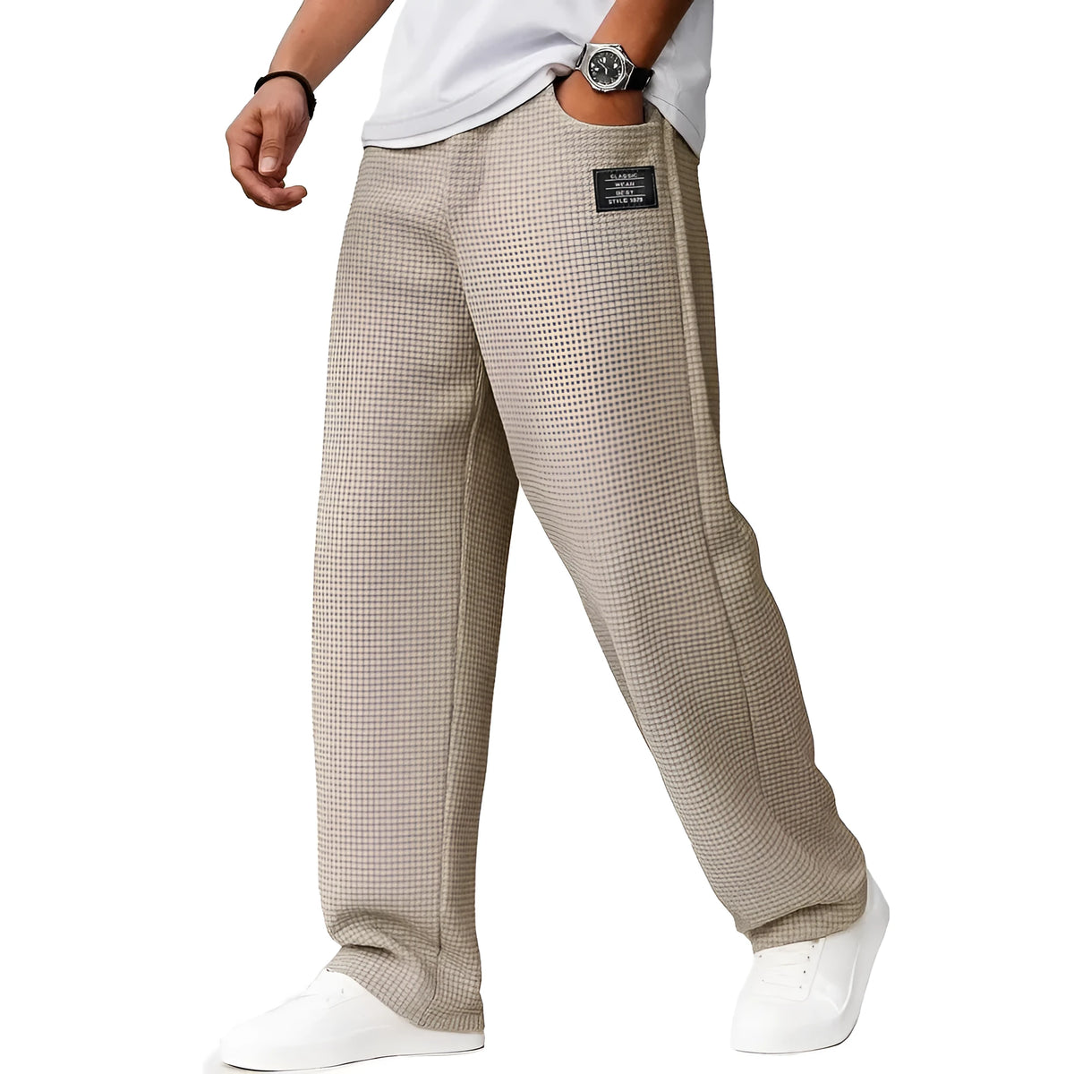 Men's waffle knit straight-leg trousers in gray, cotton blend with drawstring waist, houndstooth pattern