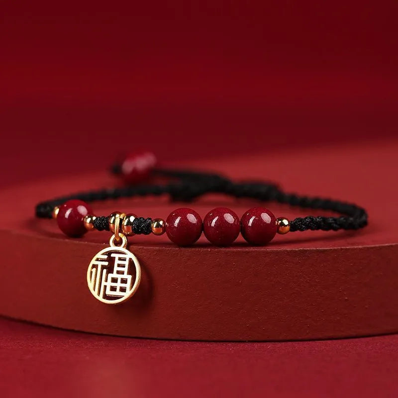 Cinnabar braided rope bracelet with traditional blessing card in ethnic style for unisex wear