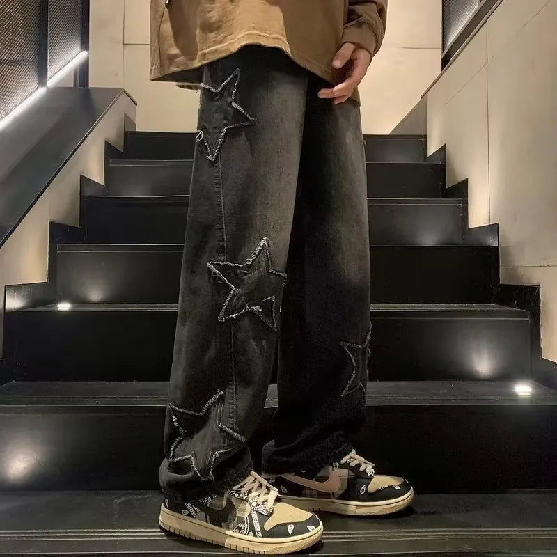 Star embroidery straight leg casual men jeans gothic wide leg hip-hop denim trousers in blue colour
