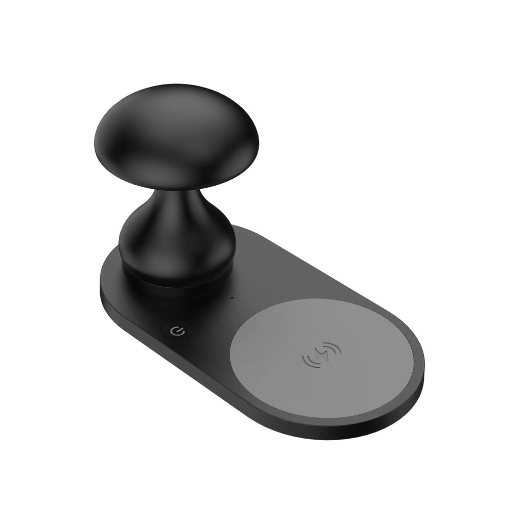 Multifunctional 10W fast wireless phone charger mushroom lamp in white ABS composite material on a desk