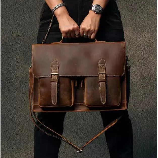 Brown cowhide leather crossbody computer bag with anti-theft features for business use