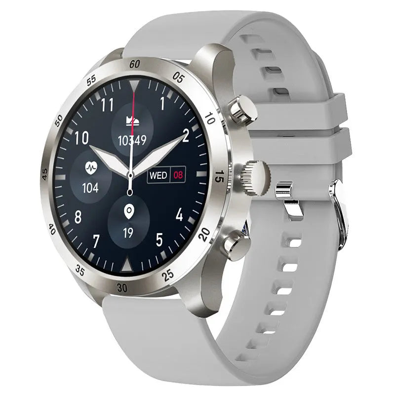Black steel Bluetooth smart watch for iPhone with heart rate monitor on a wrist