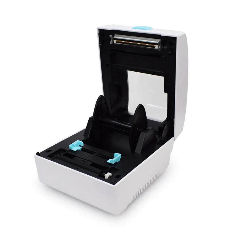 White Bluetooth thermal label printer with compact 200mm desktop dimensions