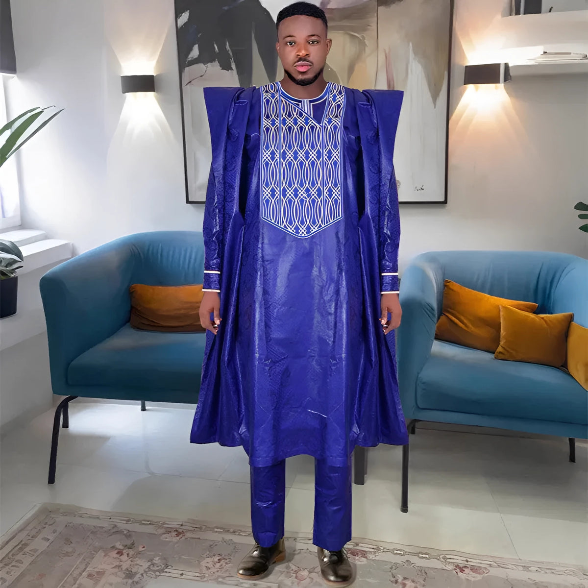 Plus size men's figured cloth three-piece suit in dark blue, including outer robe, shirt, and trousers, Asian sizes L-4XL