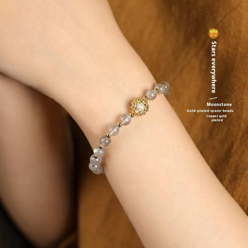 Gray moonstone fairy lucky bracelet with hand-woven crystal beads in pastoral style