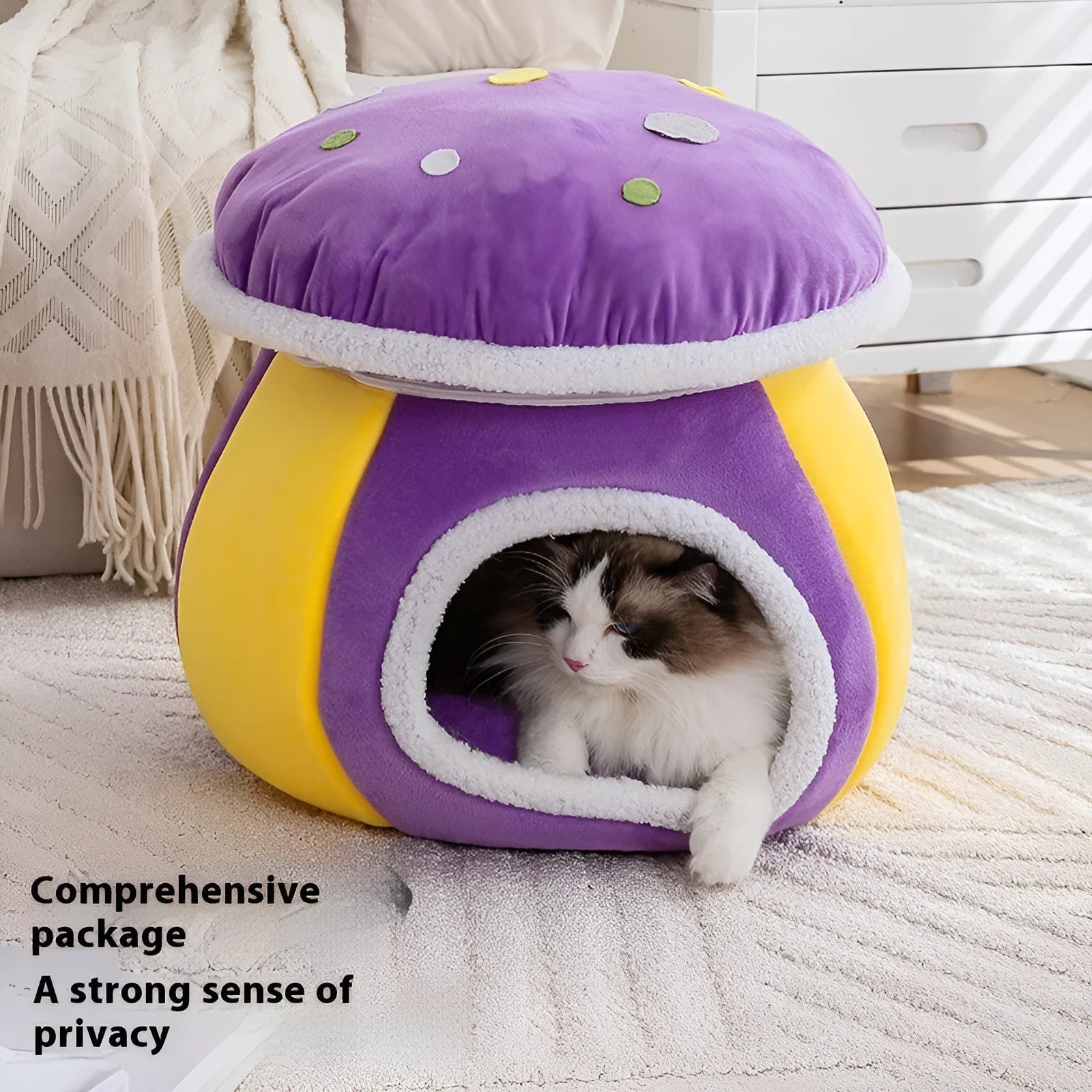 Grey mushroom-shaped plush cat nest with a round entrance, showing thick thermal lining and a separate blanket.