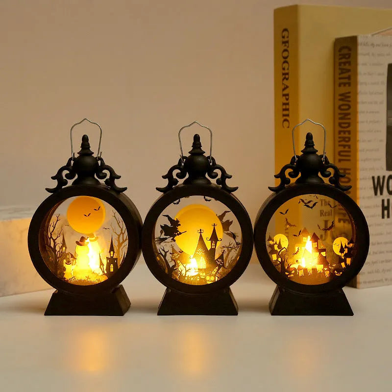 Halloween retro candle portable storm lantern with hook, LED light in pumpkin colour, 9.5x15cm size