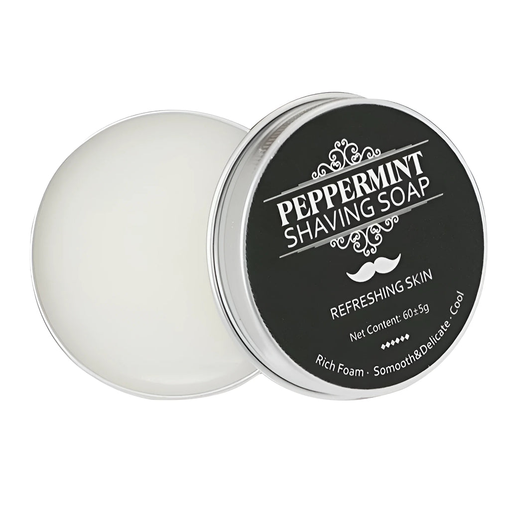 Mint scented men's shaving soap in aluminium box, handmade with pure natural balm for a refreshing shave