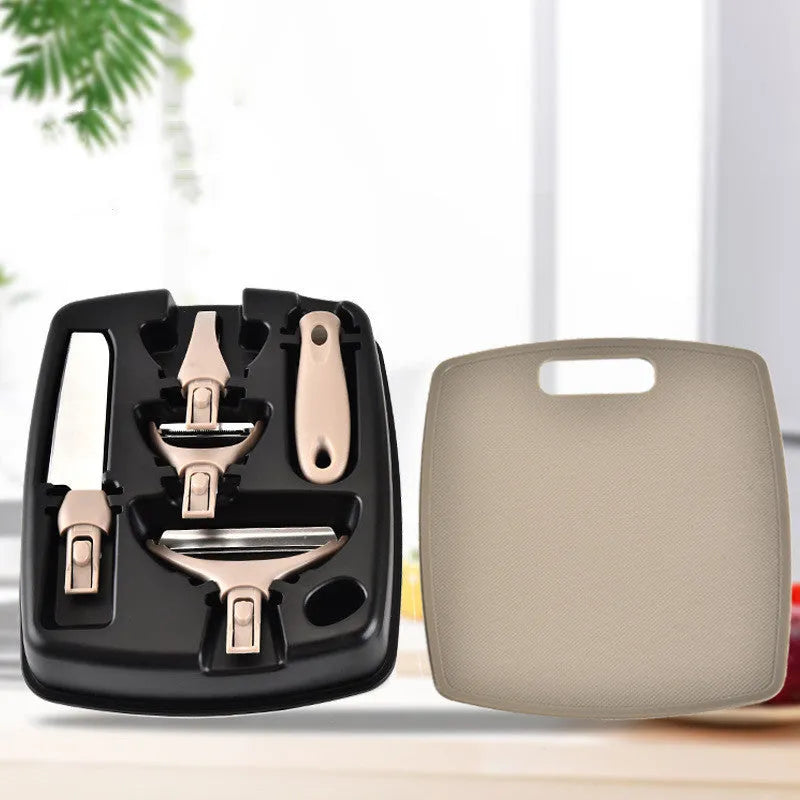 Eight-piece stainless steel kitchen tool set with wheat straw chopping board and ergonomic handle