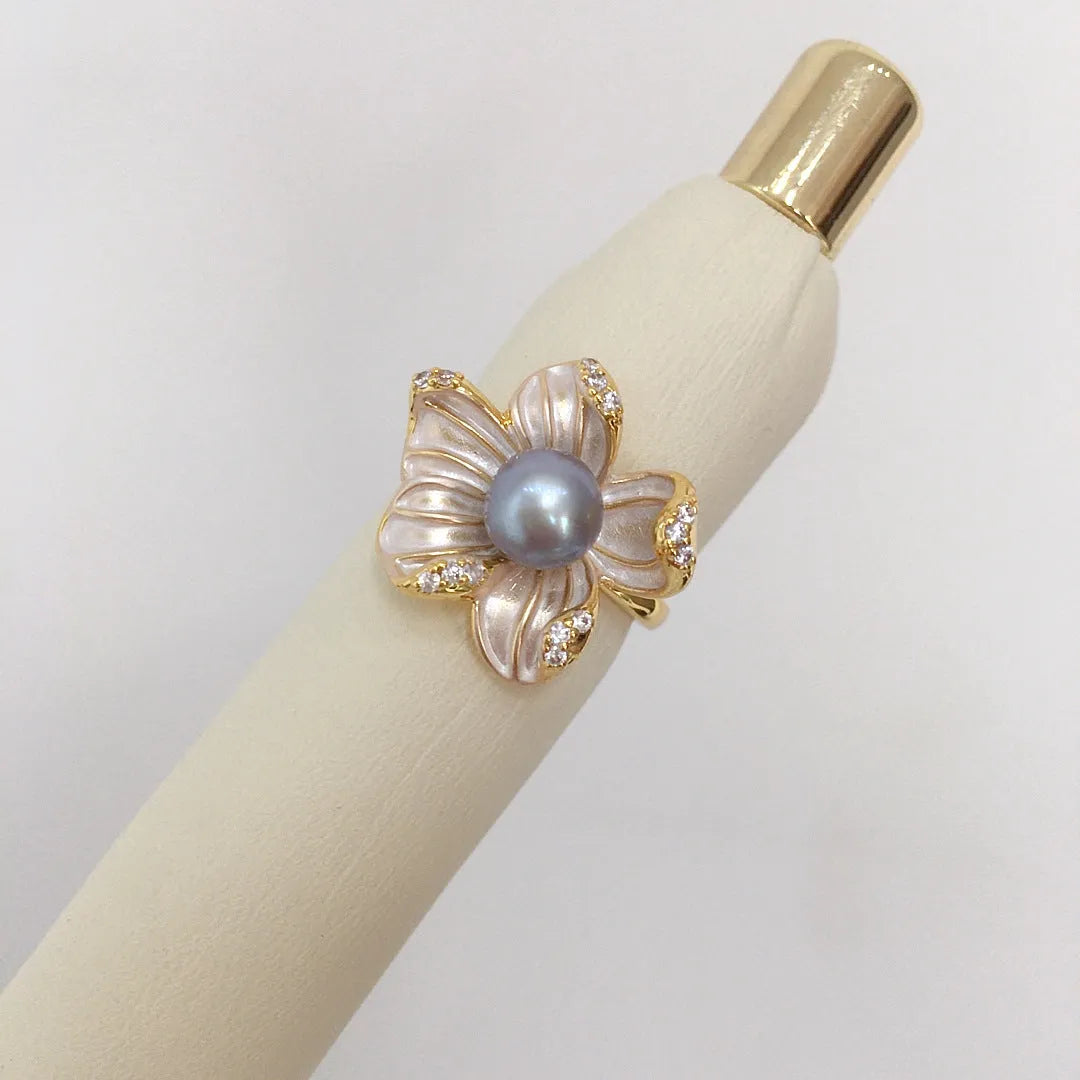5A freshwater pearl ring with 18K real gold plated frosted flower design and adjustable open band in white or grey