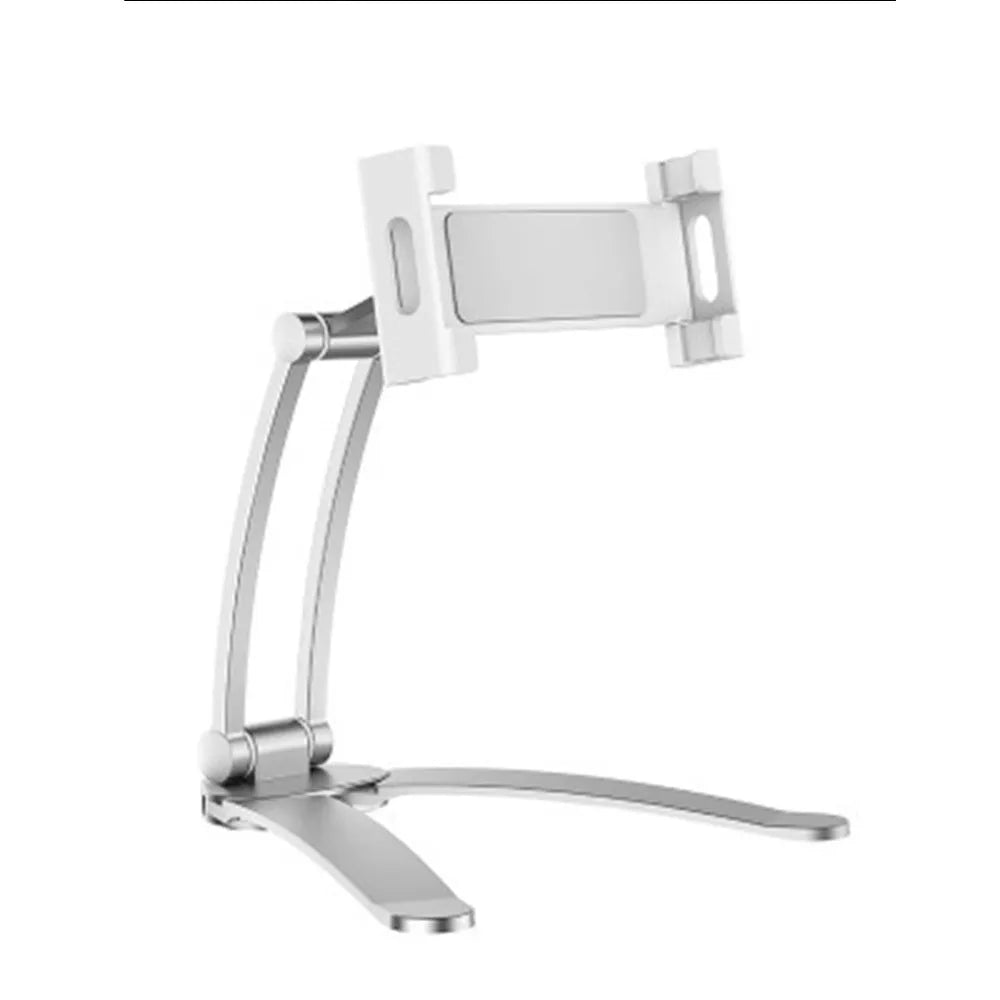Silver aluminum desktop tablet stand holding a tablet, showing its adjustable clips and 360-degree rotation.