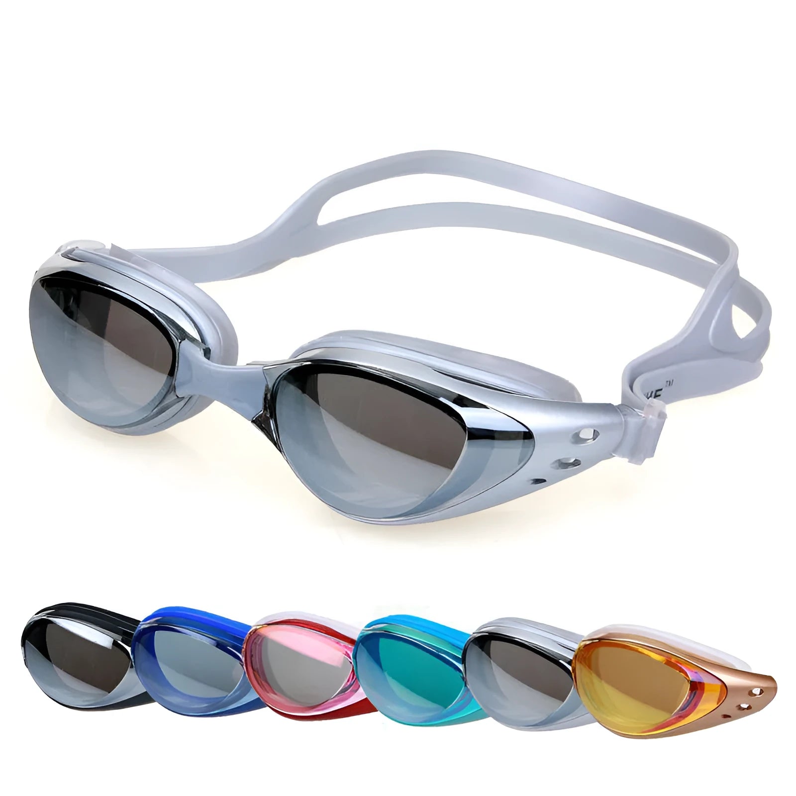 Anti fog swimming goggles with UV-resistant mirror lens and silicone ring in multiple colours