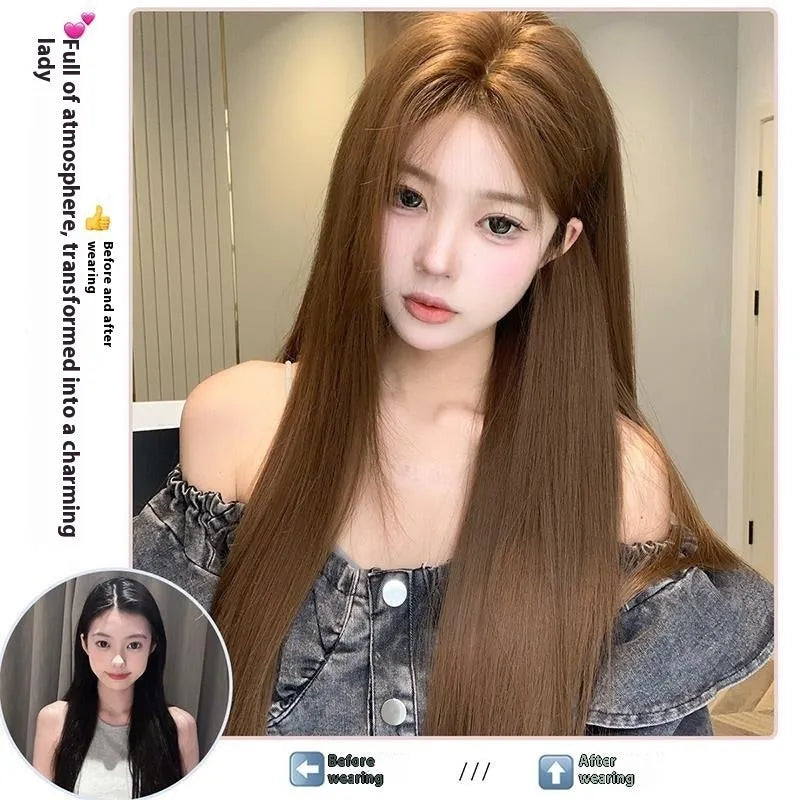 Centre-parted bangs long straight wig in warm brown with forehead lace front