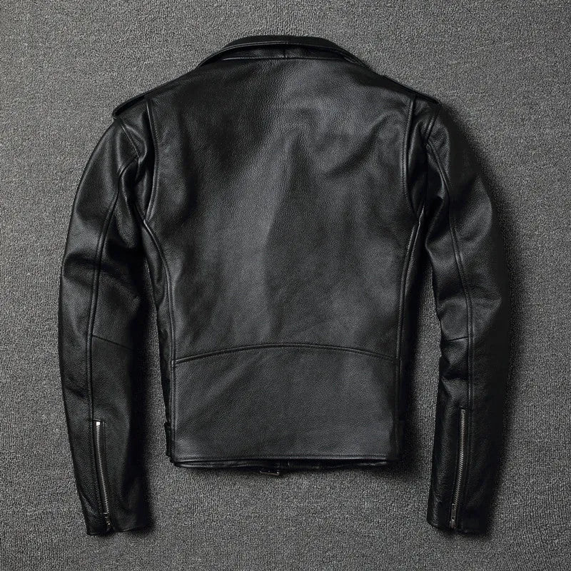 Harley's cowhide leather motorcycle jacket for men, black, short length, skinny fit, with lapel collar and zipper front