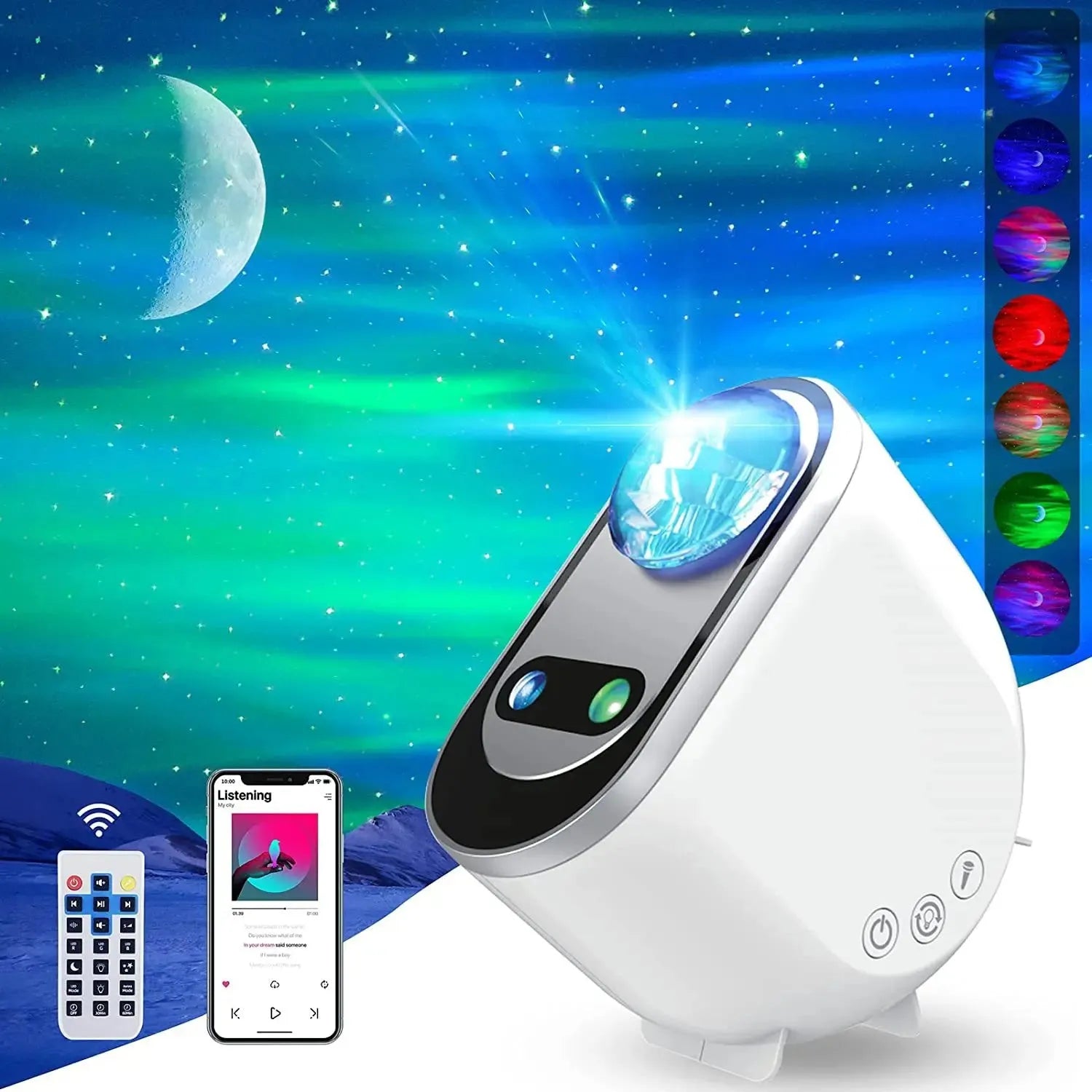 White Aurora Borealis star projector lamp with remote control projecting green stars and Northern Lights on wall