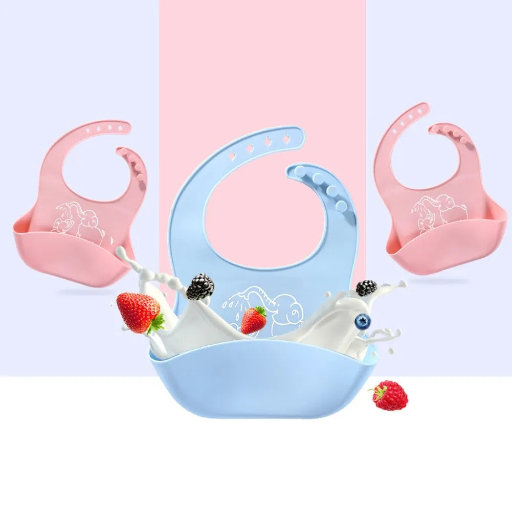 Baby food bib made of food-grade silicone in solid colour with White Elephant design, waterproof for ages 1-6