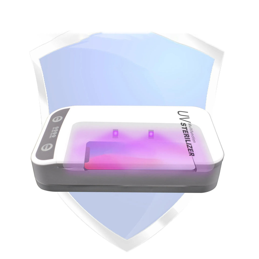 White UV disinfection box for mobile phones with internal light chamber visible
