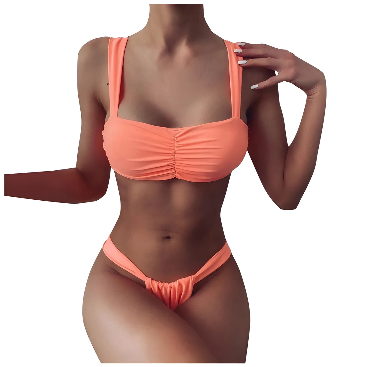 Solid colour split bikini swimsuit in orange with nylon outer and polyester lining, sizes S M L