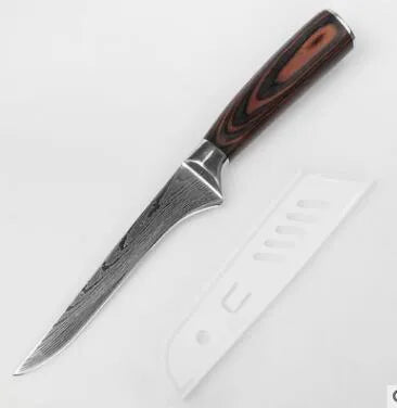 7Cr17 stainless steel kitchen knife with Damascus pattern blade and coloured wood handle on a cutting board.