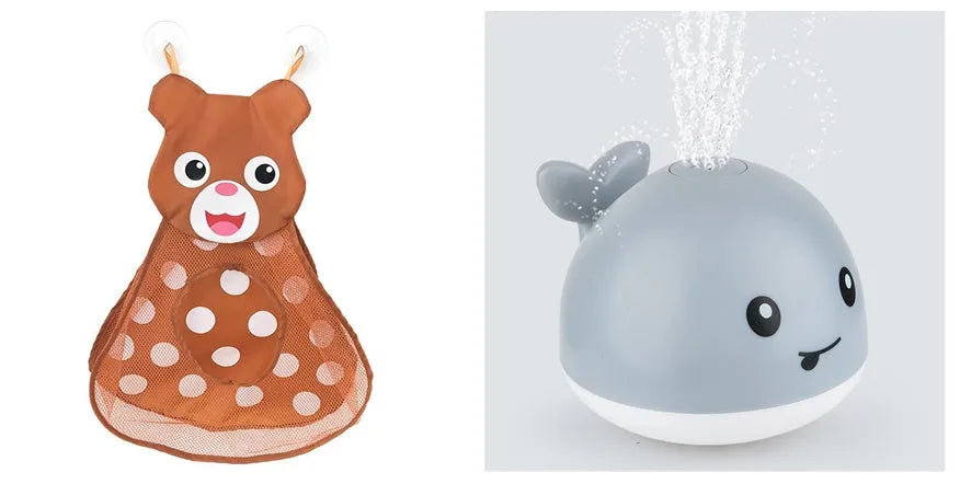 Electric whale-shaped bath spray toy with water-activated automatic spray, LED lights, and floating capability