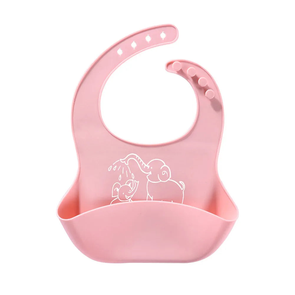 Baby food bib made of food-grade silicone in solid colour with White Elephant design, waterproof for ages 1-6