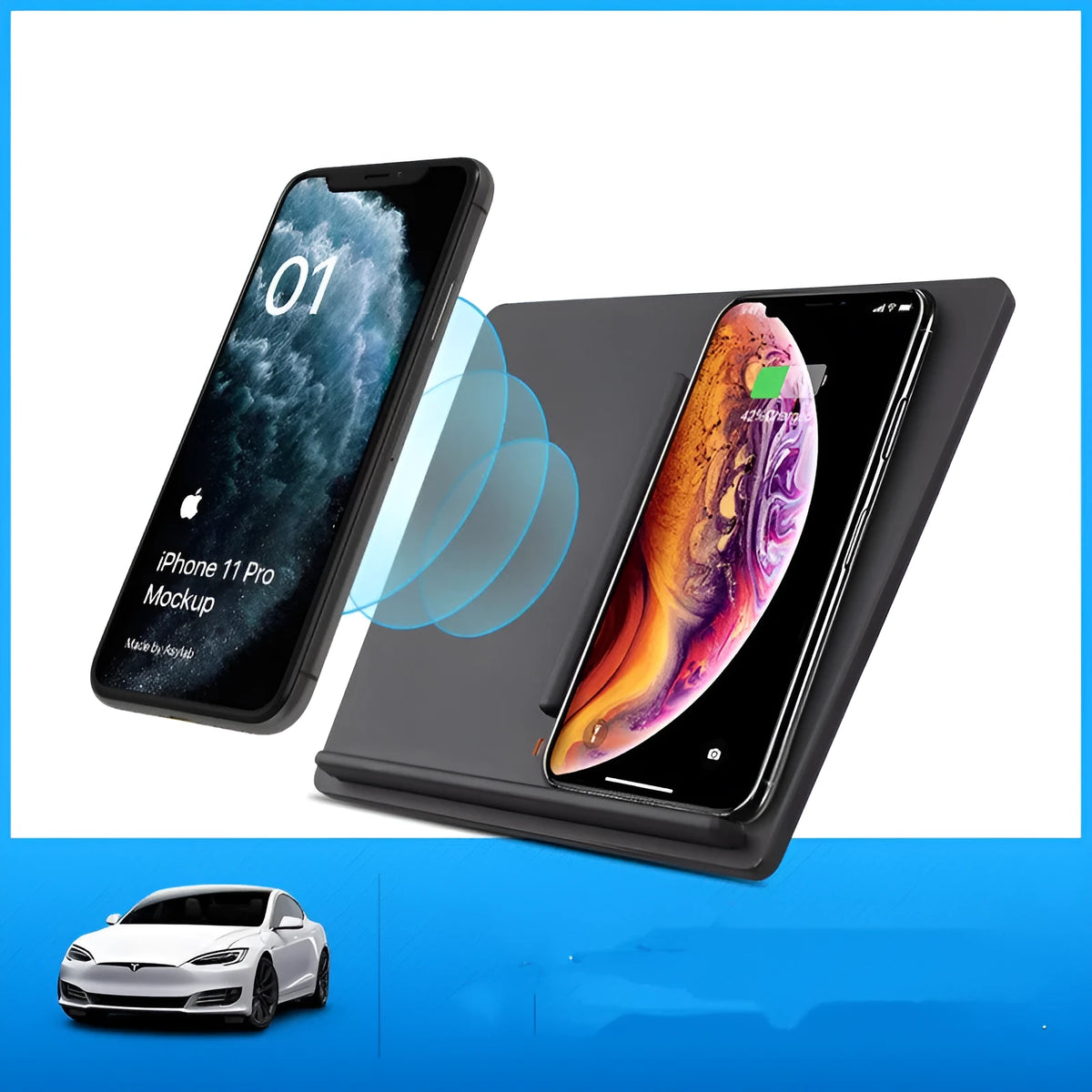 Tesla Model 3 black wireless car charger with dual coil and double separation line design, 19.2cm x 17.3cm x 1.8cm