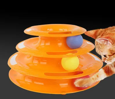 Four-layer cat turntable ball tower track toy with colourful rolling ball on a plastic base, size 16x29cm, pink colour option
