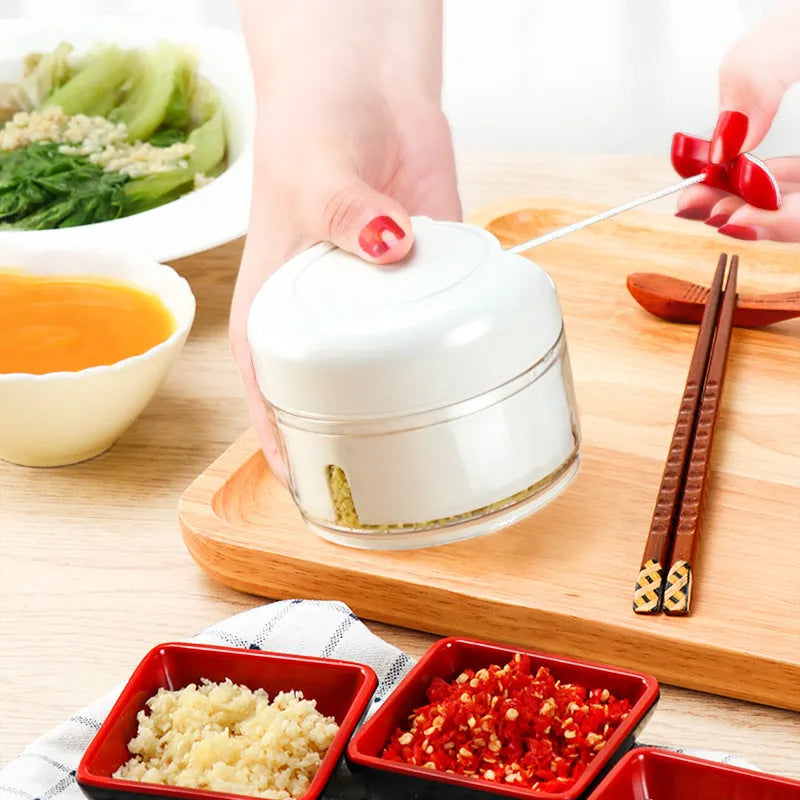 Manual food chopper with magnetic 304 stainless steel blade on plastic base, white colour