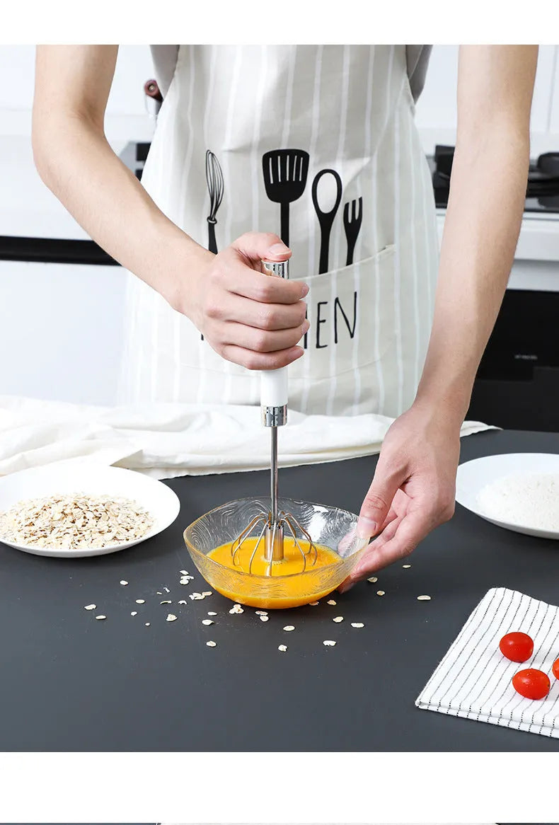 Semi-automatic stainless steel egg beater whisk with hand pressure rotating handle, 10 steel wires, silvery colour