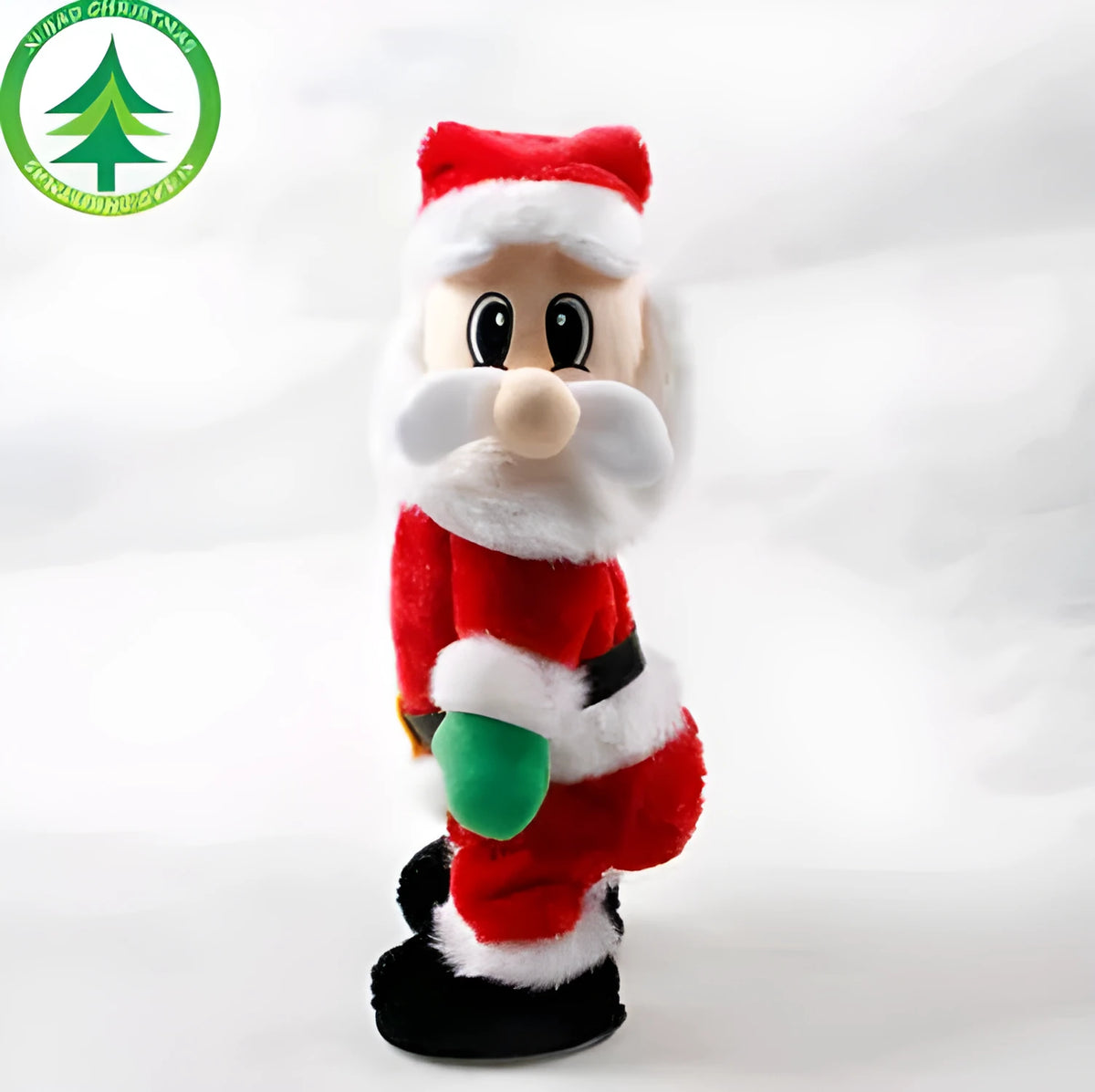Red cloth electric Santa toy with hip-shaking motion and music, 46 cm tall, in gift box packaging