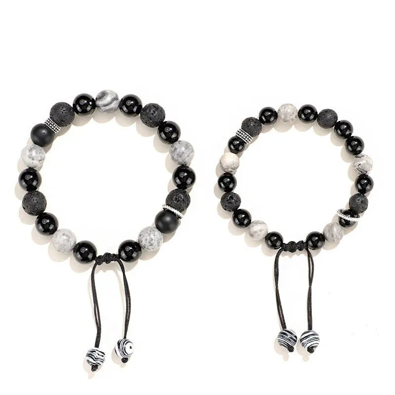 Black agate map stone unisex bracelet with volcanic rock in diamond shape, 8mm and 10mm sizes