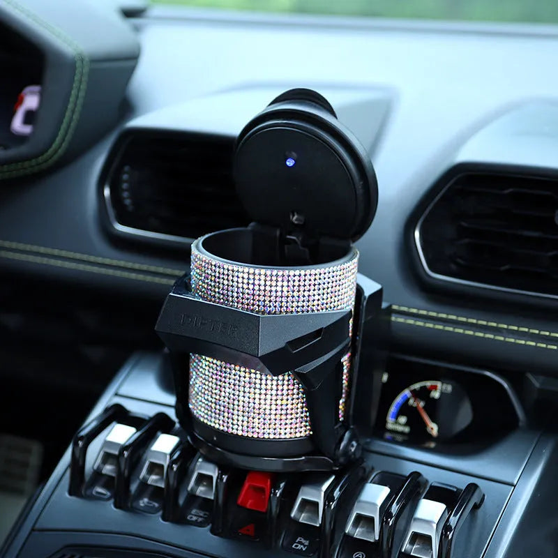 Car diamond ashtray with LED light luminous multifunctional plastic rhinestone ashtray in black